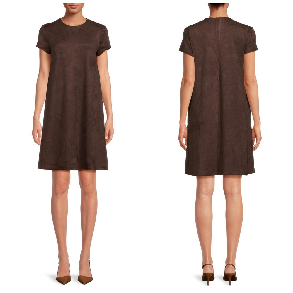 J McLaughlin Dress XS Brown Faux Suede Swing Short Sleeve Pockets Minimalist